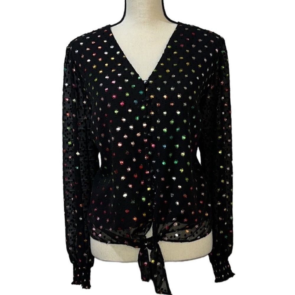 INC Pullover V-Neck Polka-Dot Tie-Hem Blouse